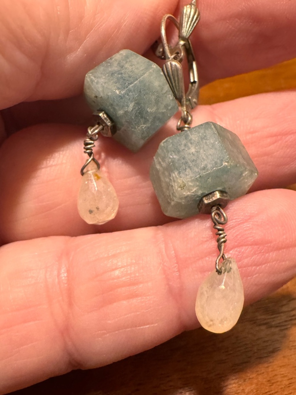 Handcrafted Aquamarine Hexagon & Moonstone Drop Dangle Earrings Sterling
